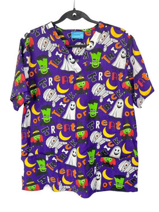 The Scrub Company Tops - The Scrub Co Scrub Top Sz Large Halloween Ghost Witch Mummy Trick Or Treat EUC